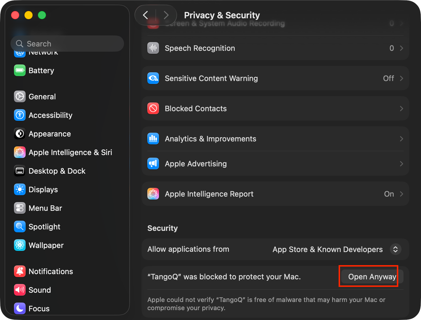 System Settings → Privacy & Security showing 'TangoQ was blocked to protect your Mac' with an Open Anyway button.