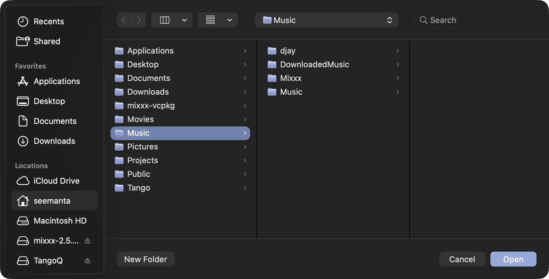 macOS folder picker open at the user's Music folder, choosing which folder TangoQ should scan for tracks.