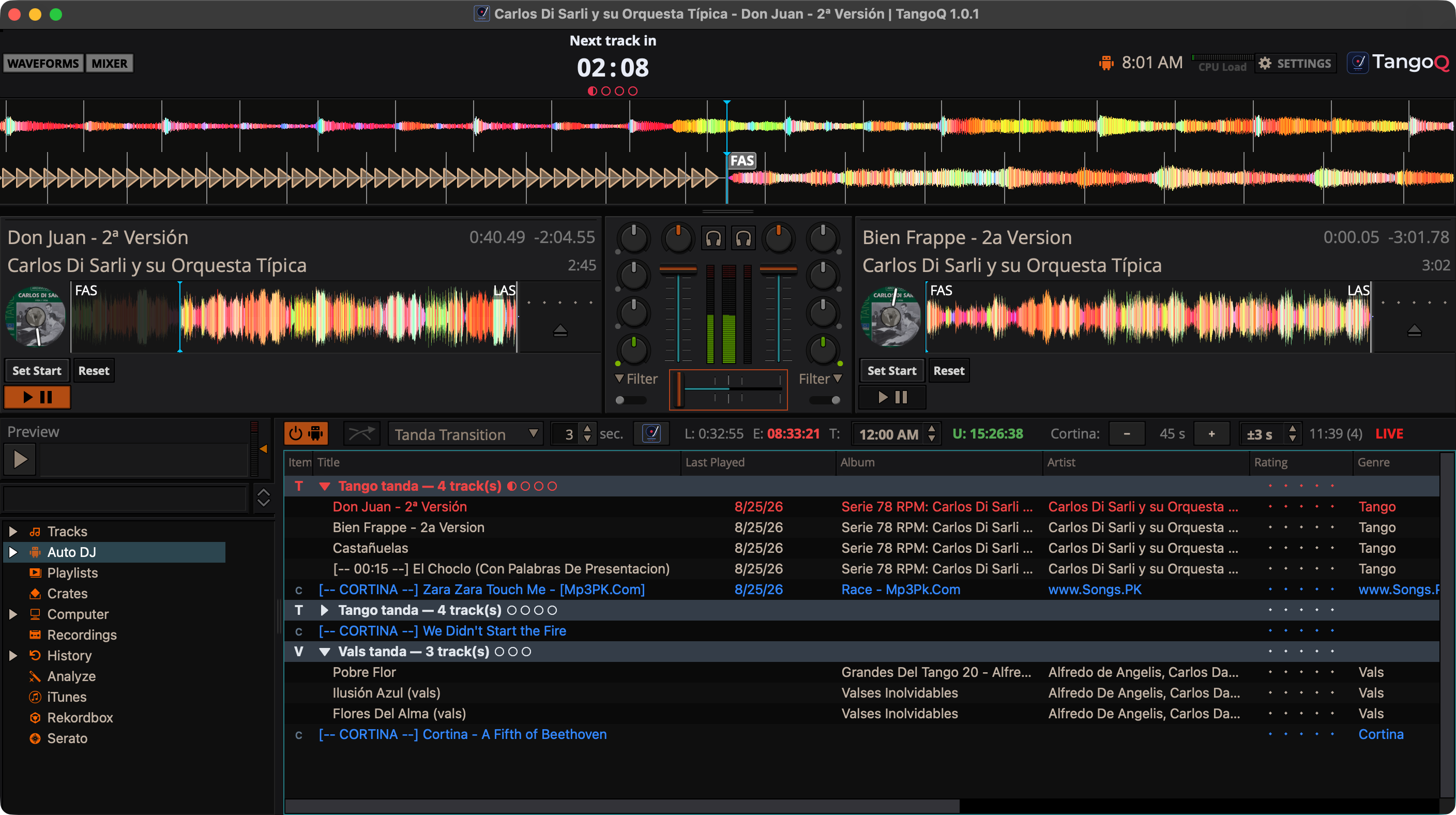 The TangoQ Auto DJ queue: grouped tandas with T/V type badges, blue [-- CORTINA --] rows between them, and the now-playing track in red.