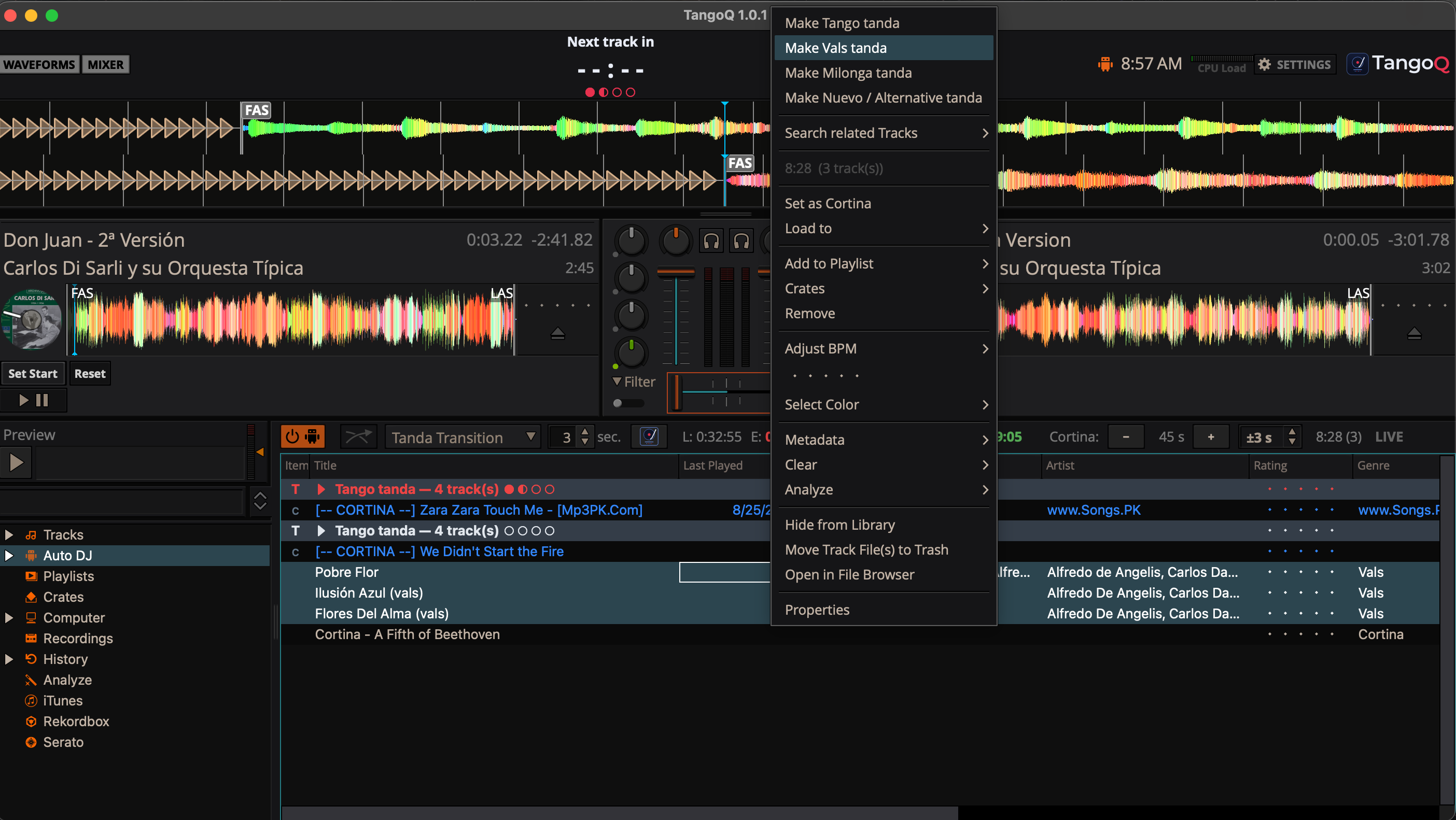 Right-click menu on a multi-track selection: Make Tango tanda, Make Vals tanda, Make Milonga tanda, Make Nuevo / Alternative tanda.