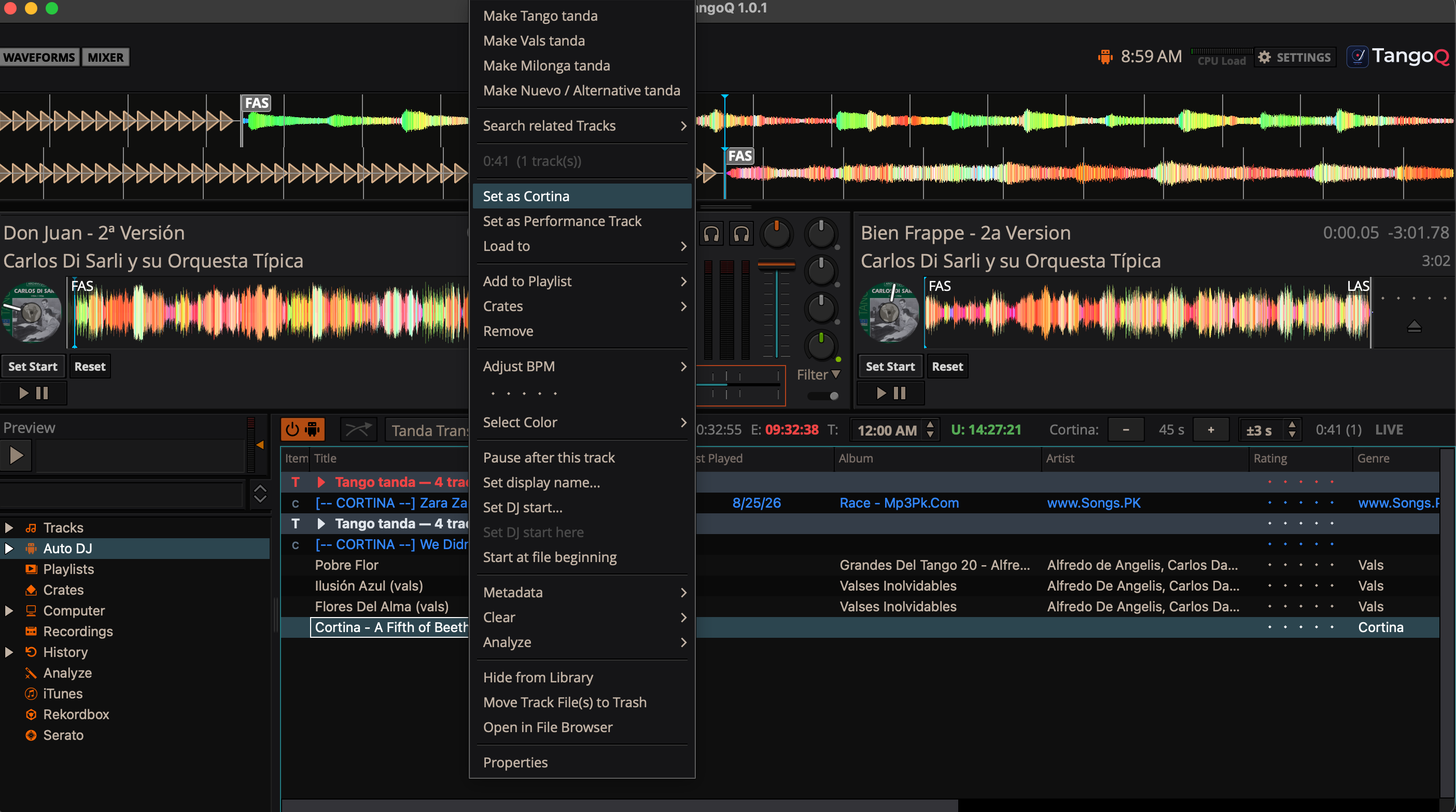 Right-click menu on a single track showing the TangoQ actions: Set as Cortina, Set as Performance Track, Pause after this track, Set display name, Set DJ start.