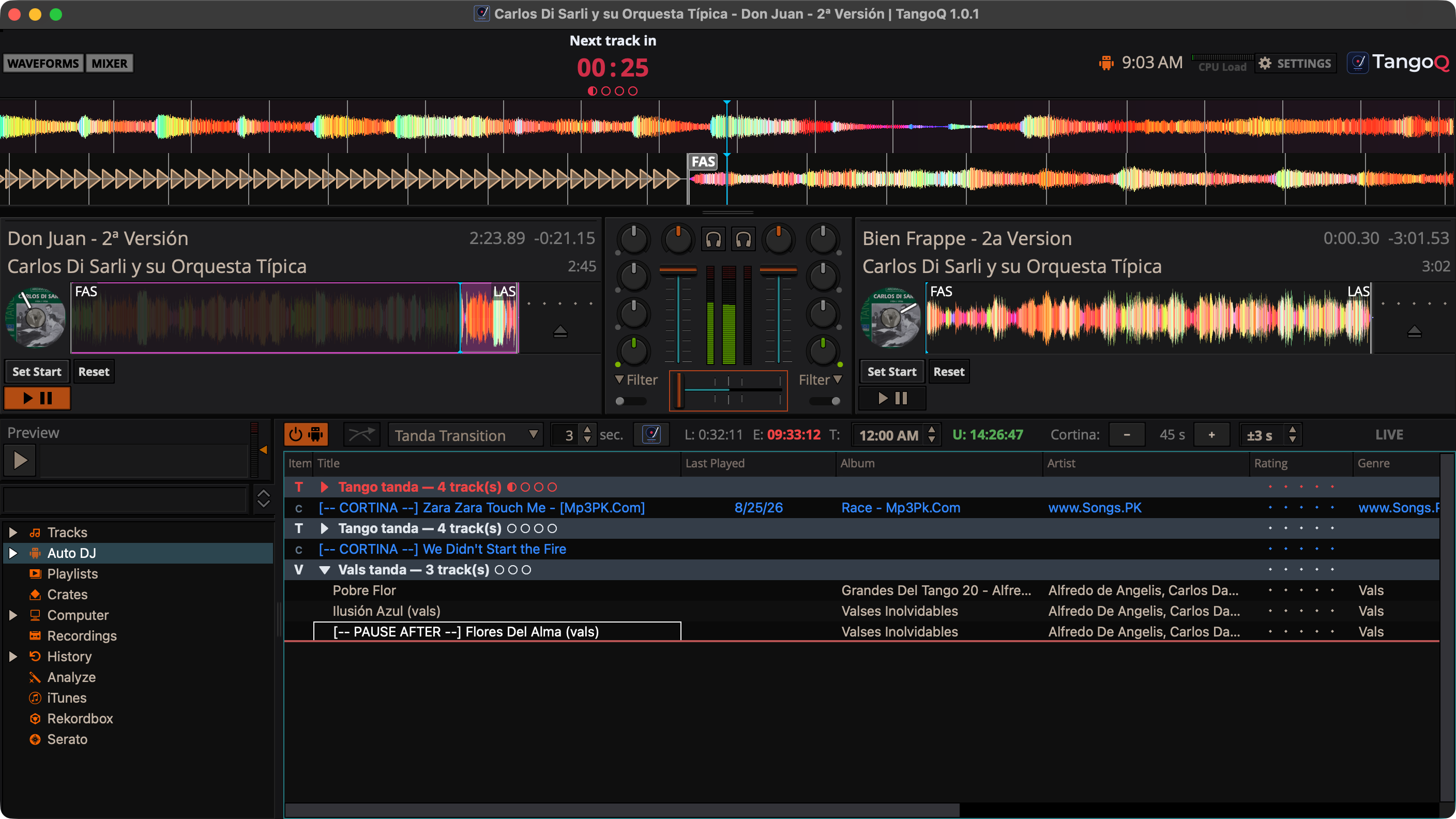 The Auto DJ queue with a track marked [-- PAUSE AFTER --] and a red separator line beneath it, where the set stops for an announcement.