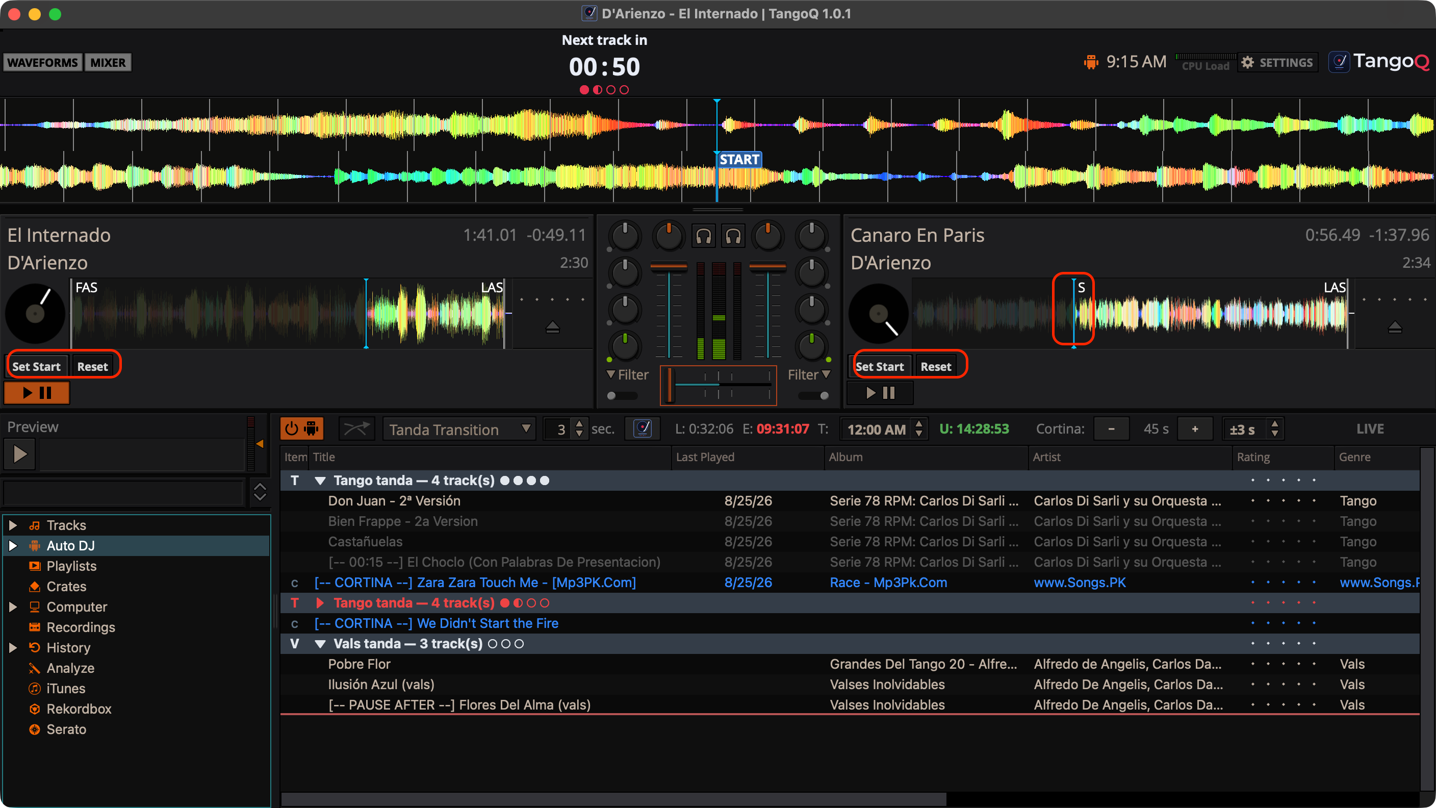A TangoQ deck showing the Set Start and Reset buttons with a custom start marker placed on the waveform.