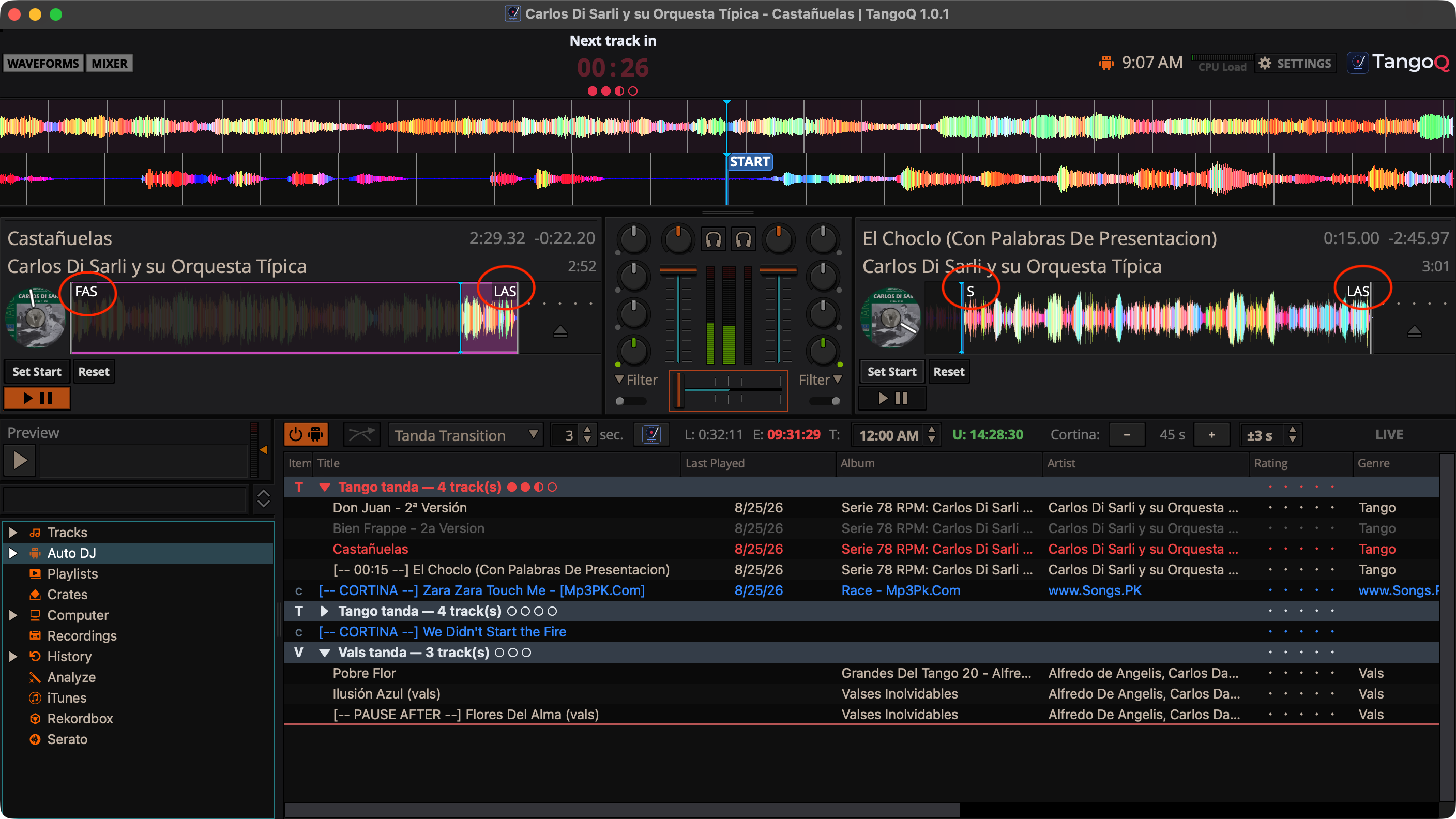 A TangoQ waveform annotated with FAS (First Audible Sound) and LAS (Last Audible Sound) markers and a custom start point.
