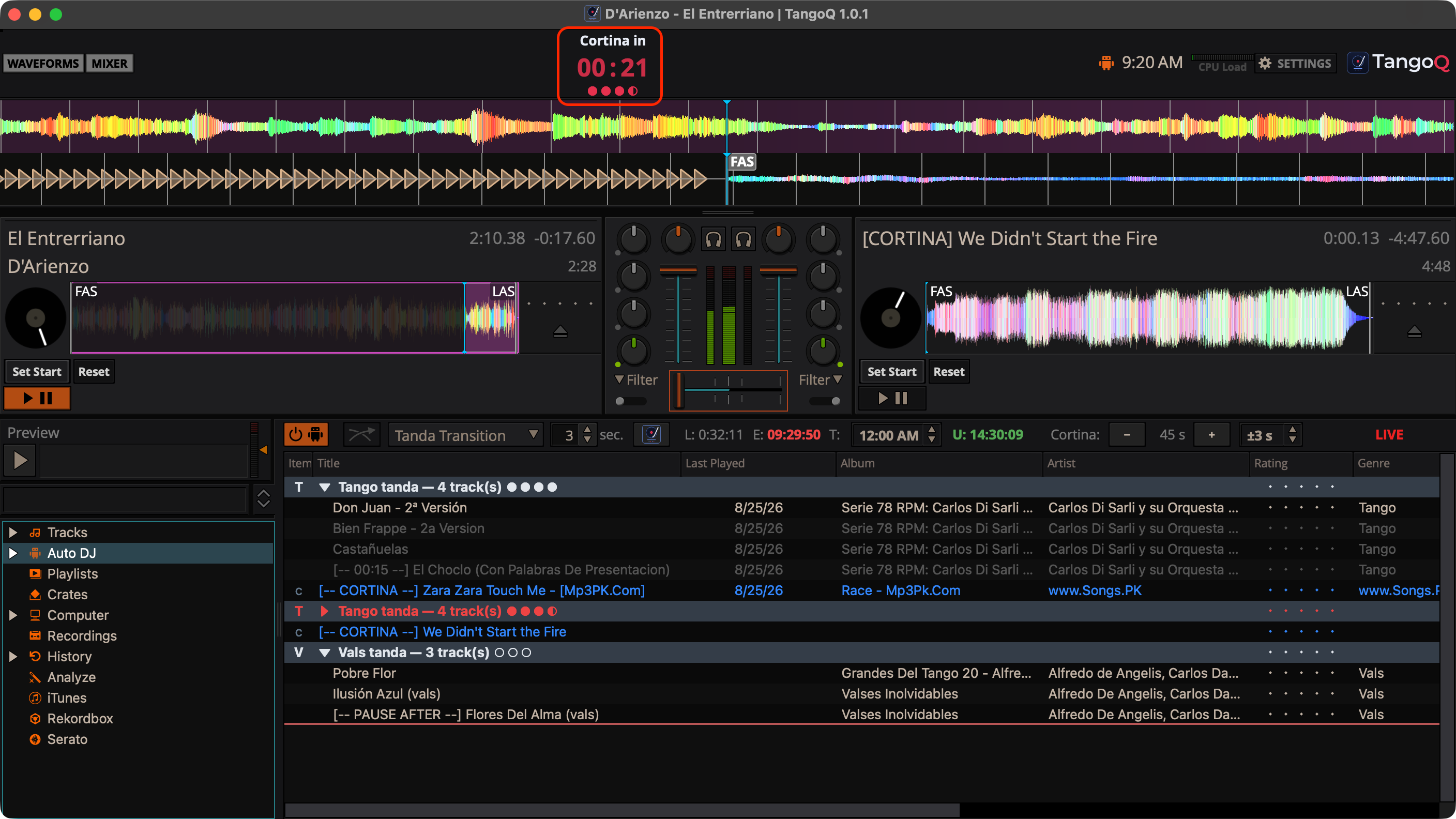 The TangoQ window with the centered HUD showing a large countdown to the next event and a row of tanda progress pips.