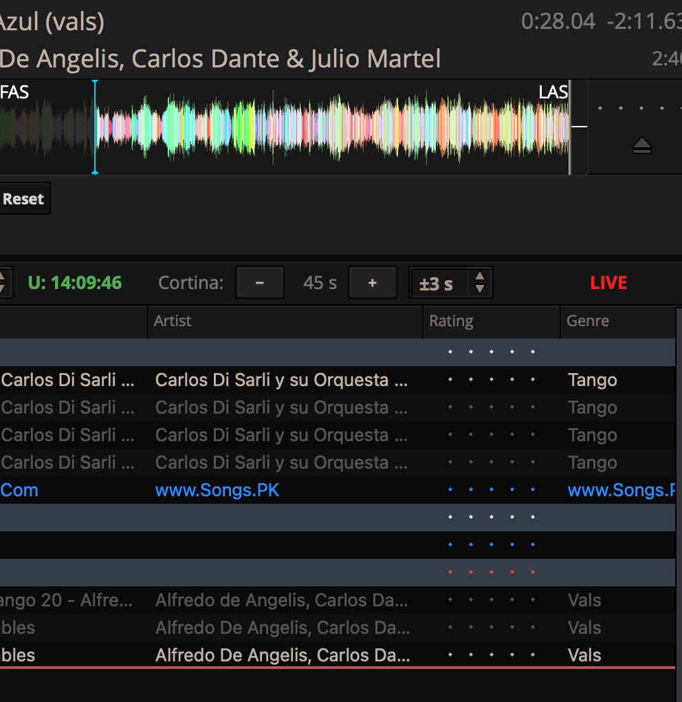 The TangoQ toolbar with LIVE mode on, the LIVE indicator lit in red.