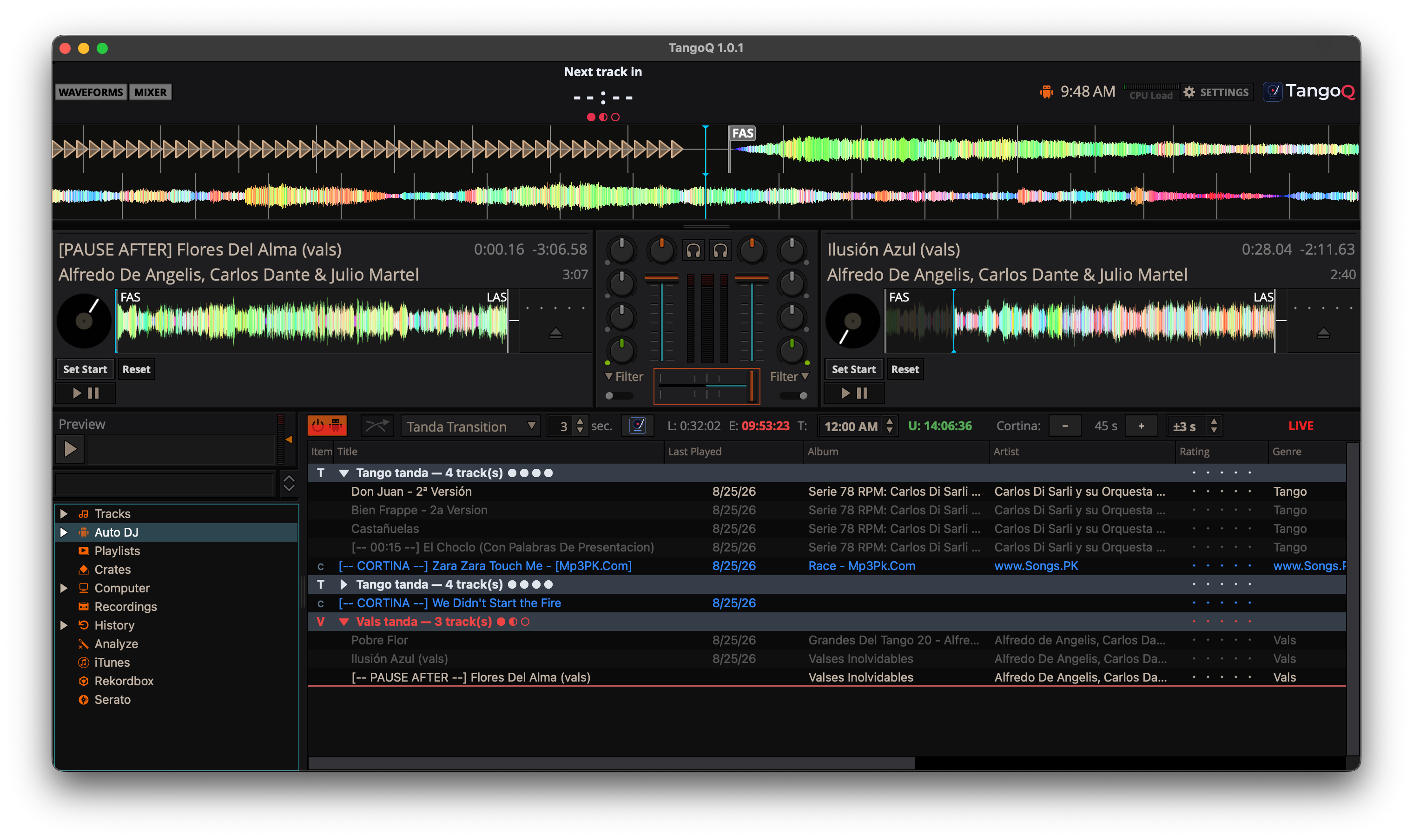 The red stop-guard countdown draining as a pie over the Auto DJ button in LIVE mode.