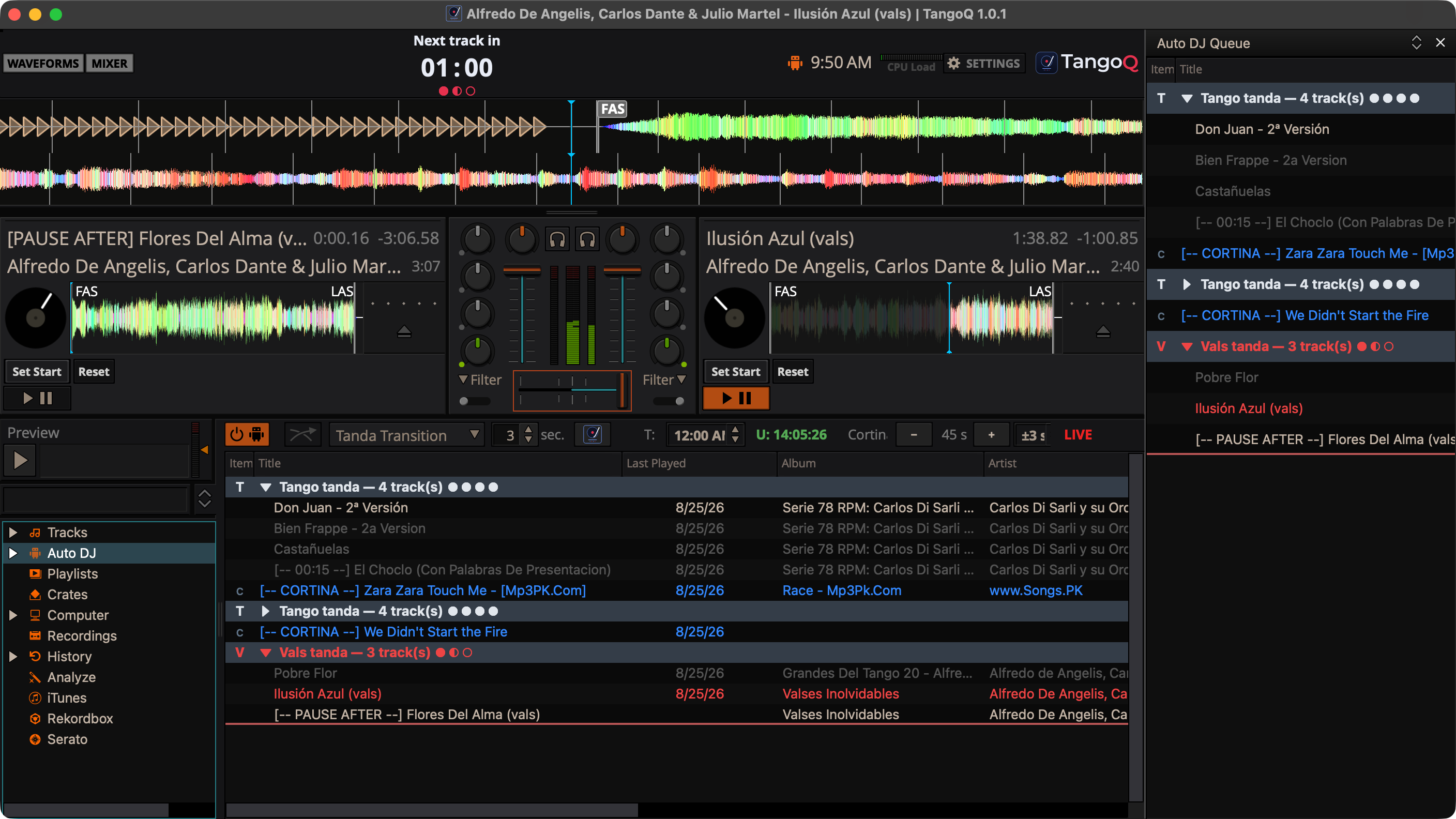The Auto DJ Side Panel docked beside the library in the TangoQ window.