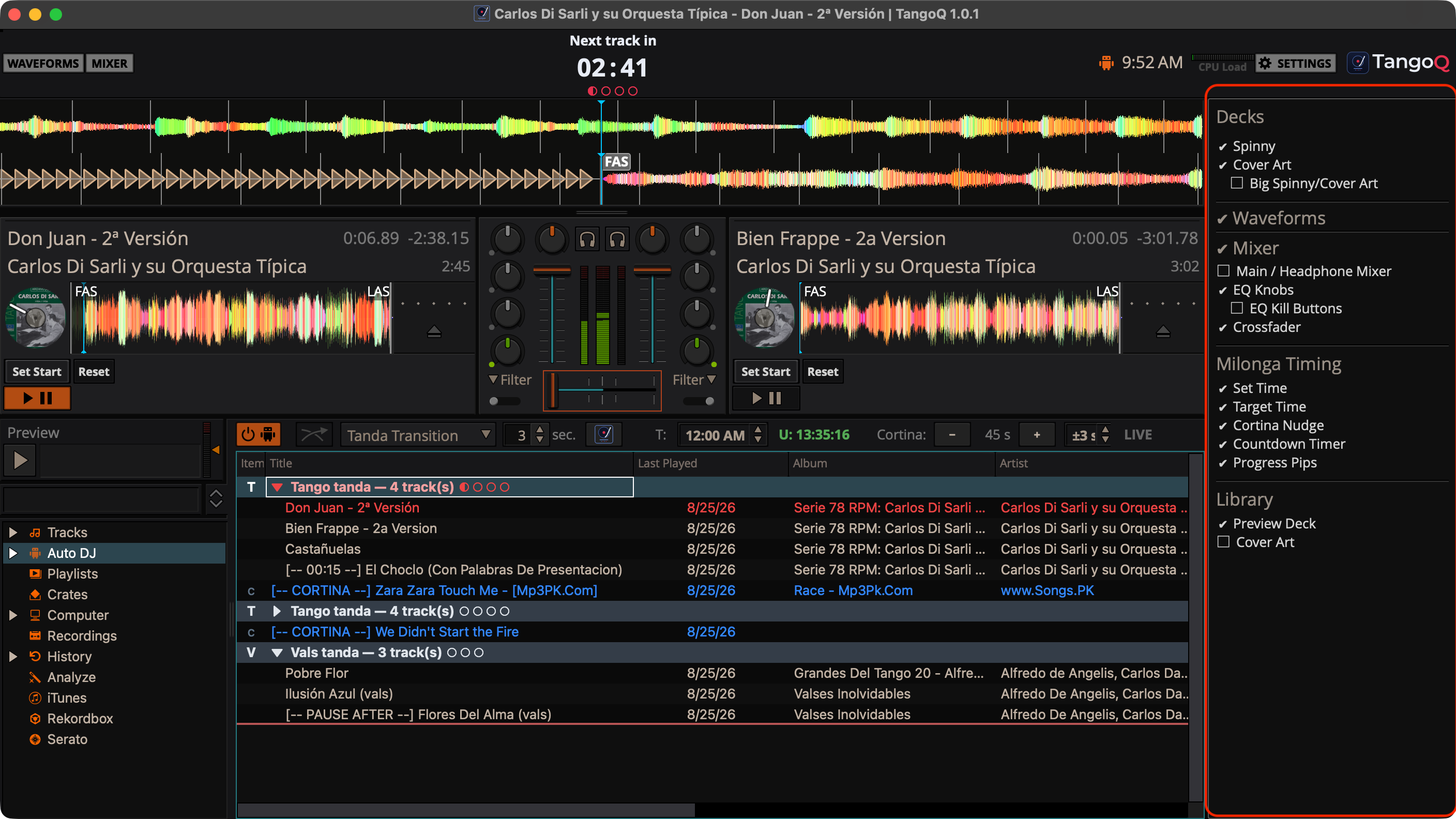 The Milonga Timing toggles in the TangoQ skin Settings panel.