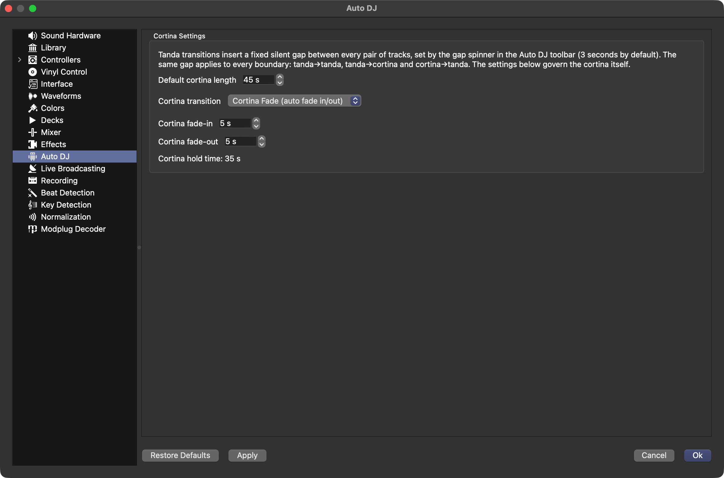 Preferences → Auto DJ showing the TangoQ cortina fade and length controls.