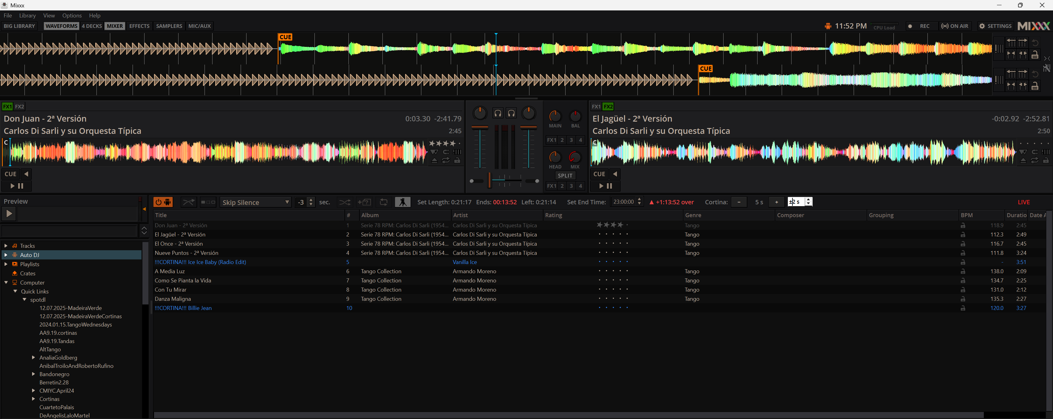 TangoQ running a tango set: the Auto DJ toolbar shows Set Length, projected end time, an over/under indicator, a live cortina-length control and the LIVE lock, with a queue of Di Sarli tandas and cortinas.